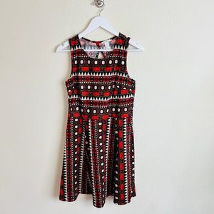 H&M Red & Brown Tribal Print Cut Out Keyhole Skater Dress